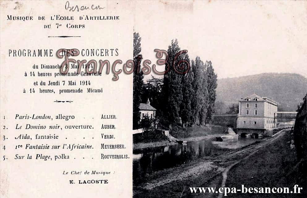 Musique de l'Ecole d'Artillerie du 7e Corps - Programme des Concerts du Dimanche 3 Mai 1914 à 14 heures promenade Granvelle et du Jeudi 7 Mai 1914 à 14 heures, promenade Micaud
